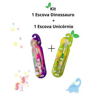 Kit 2 Escovas De Dentes Macias Infantil 1 Dinossauro Verde + 1 Unicórnio Rosa Criança Menina Menino em Oferta na Shopee