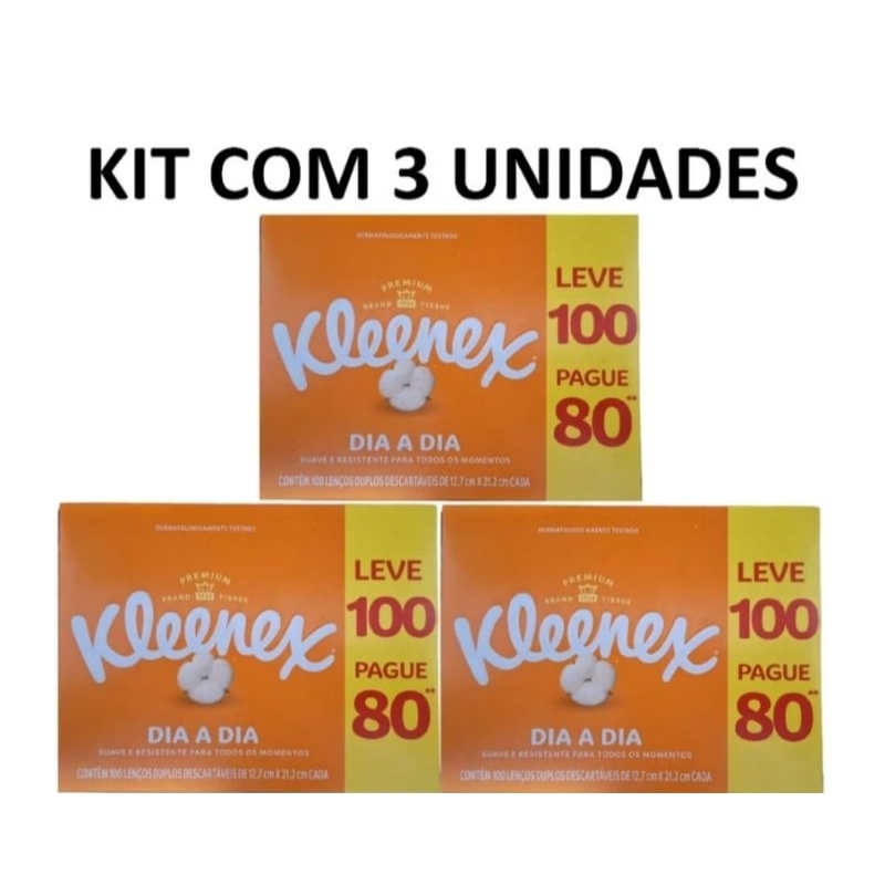 Lenço  de papel kleenex descartável kit com 3 caixas leve 100 e pague 80 em Oferta na Shopee