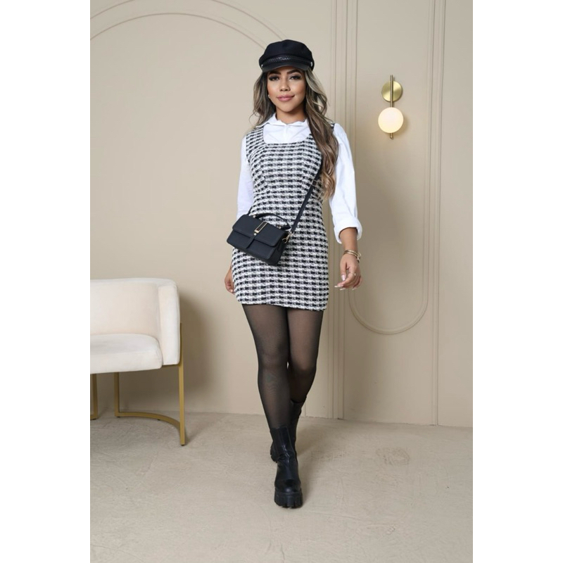 Vestido Tweed coleção inverno outono modinha xadrez vestidos curtos versátil moda outono i...