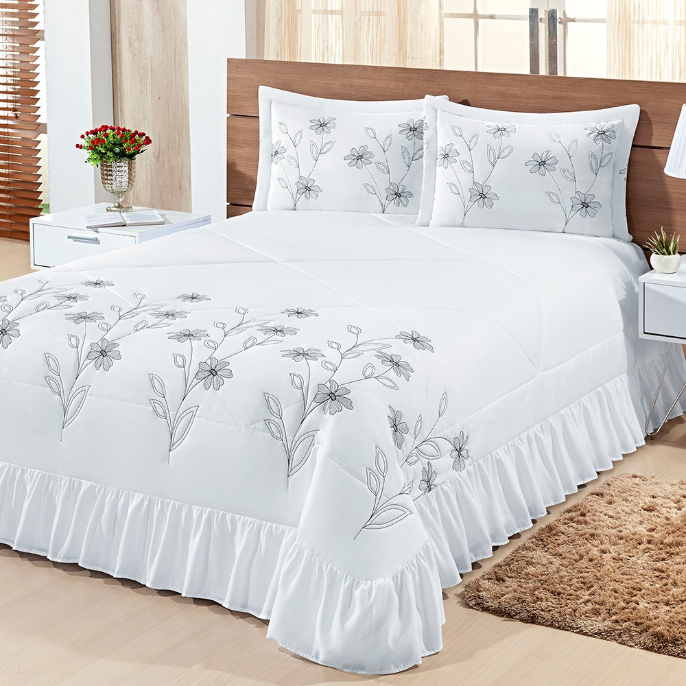 Kit Cobre Leito BORDADO Colcha QUEEN Decoração Colcha Lírio 3 Peças
