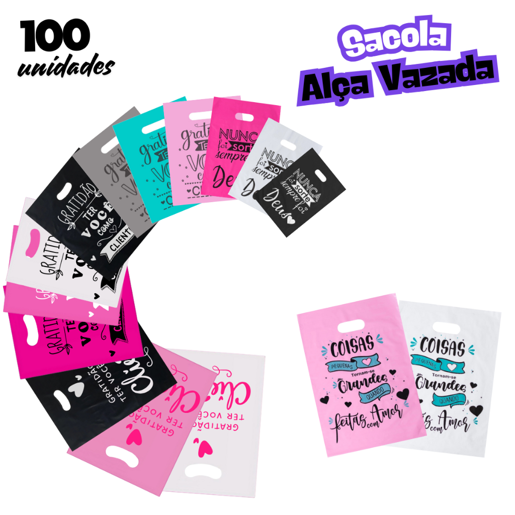 100 Sacolas Boca de Palhaço P, M e G Personalizada Gratidão Ter você como Cliente Sacolinha Plástica 20x30, 30x40 e40x50 em Oferta na Shopee