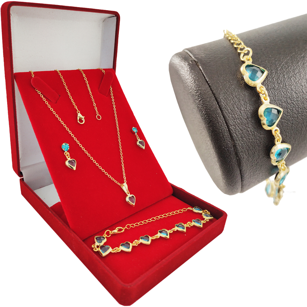 Colar Feminino Semijoia Dourada Banhada Corrente Pingente Coração + Pulseira + Conjunto De Brincos