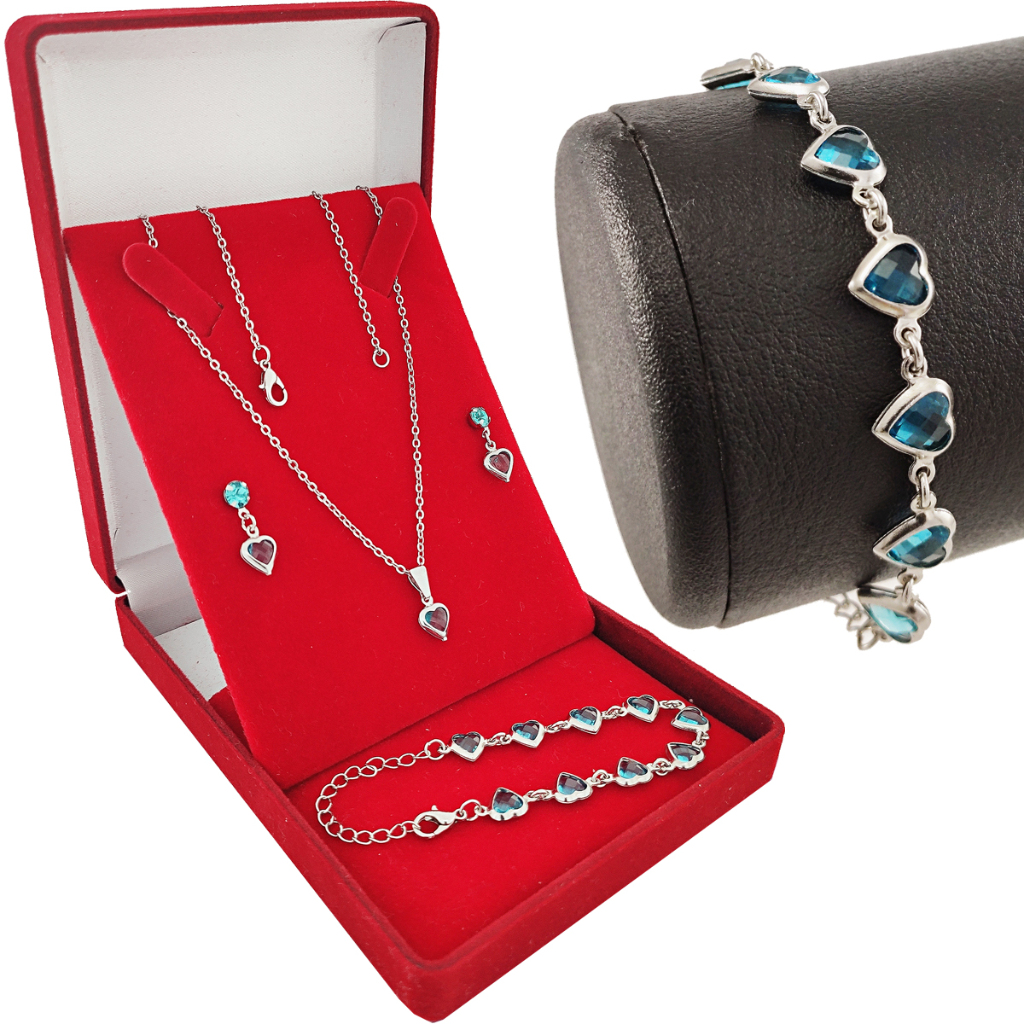 Colar Feminino Semijoia Prateada Corrente Com Pingente  Coração + Pulseira + Conjunto De Brincos