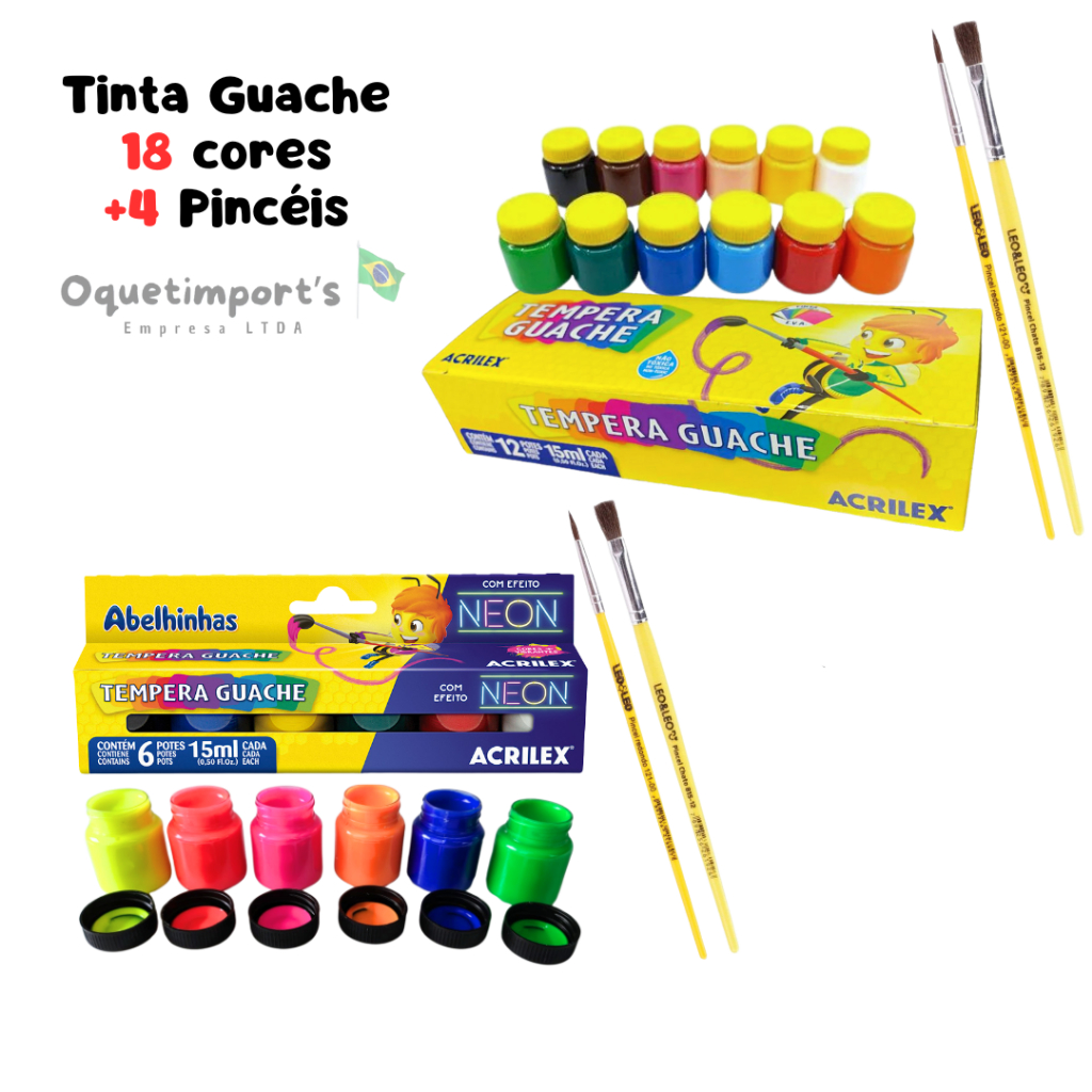 Kit pintura Tinta Guache 12 cores + Tinta Neon 6 Cores c/ Pincéis em Oferta na Shopee