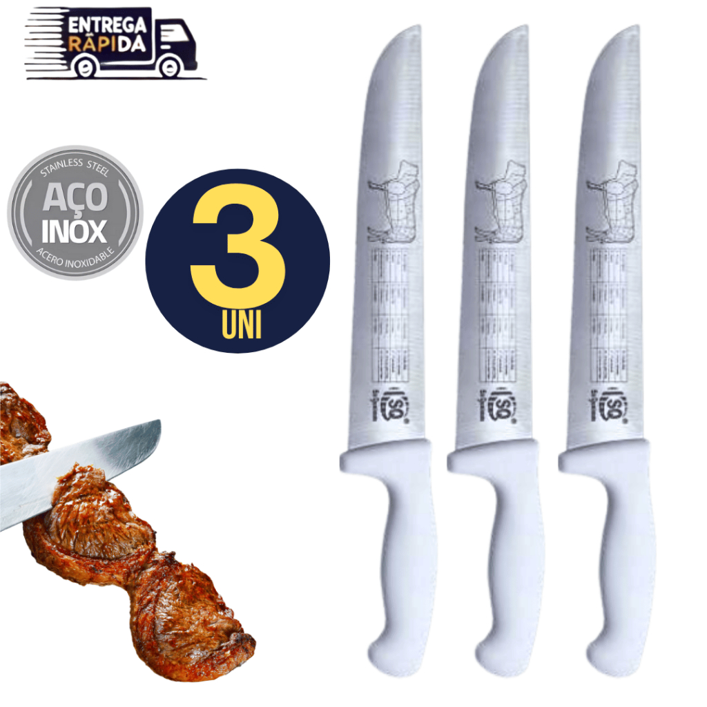Kit 03 Peças Faca 10" Profissional Carne Churrasco Linha Forte Premium Lamina Inox Resistente Variáveis Utilidades