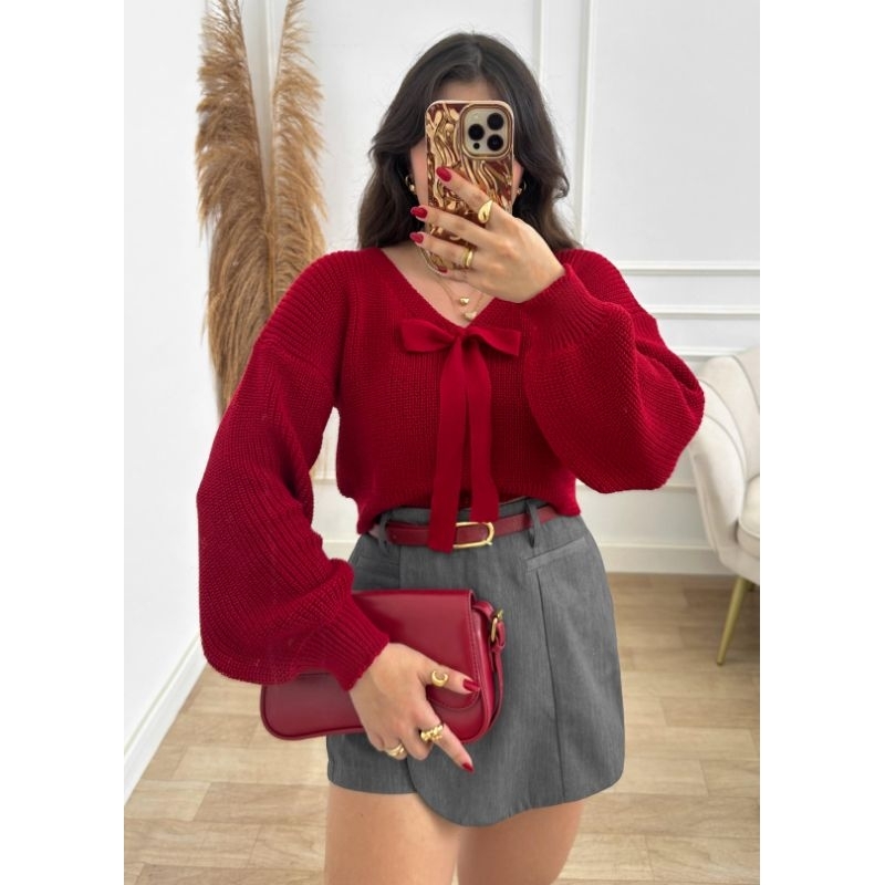 Cropped Feminino Tricot Blusa Inverno Manga Bufante Gola V Laço