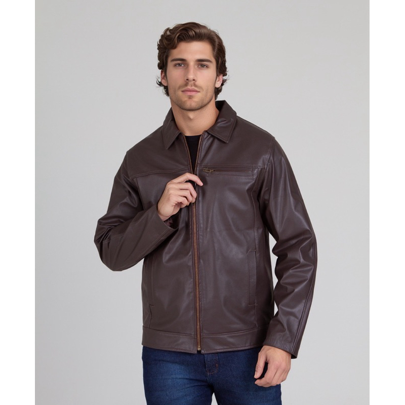 Jaqueta Masculina de Couro Legítimo Gola Polo Clássica