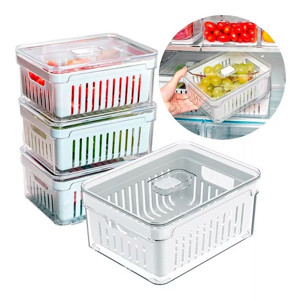 Kit 4 Organizadores Geladeira 2,2 Litros Acrílico Com Cesto para Alimentos Vegetais Cozinha Ou