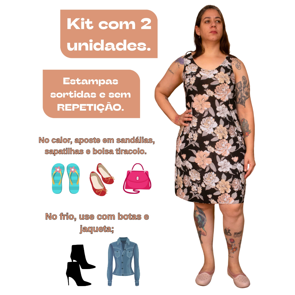 Kit 2 Vestidos Regata Malha Fria Liganet Verão Lindas Cores e Estampas Feminino Adulto em Oferta na Shopee