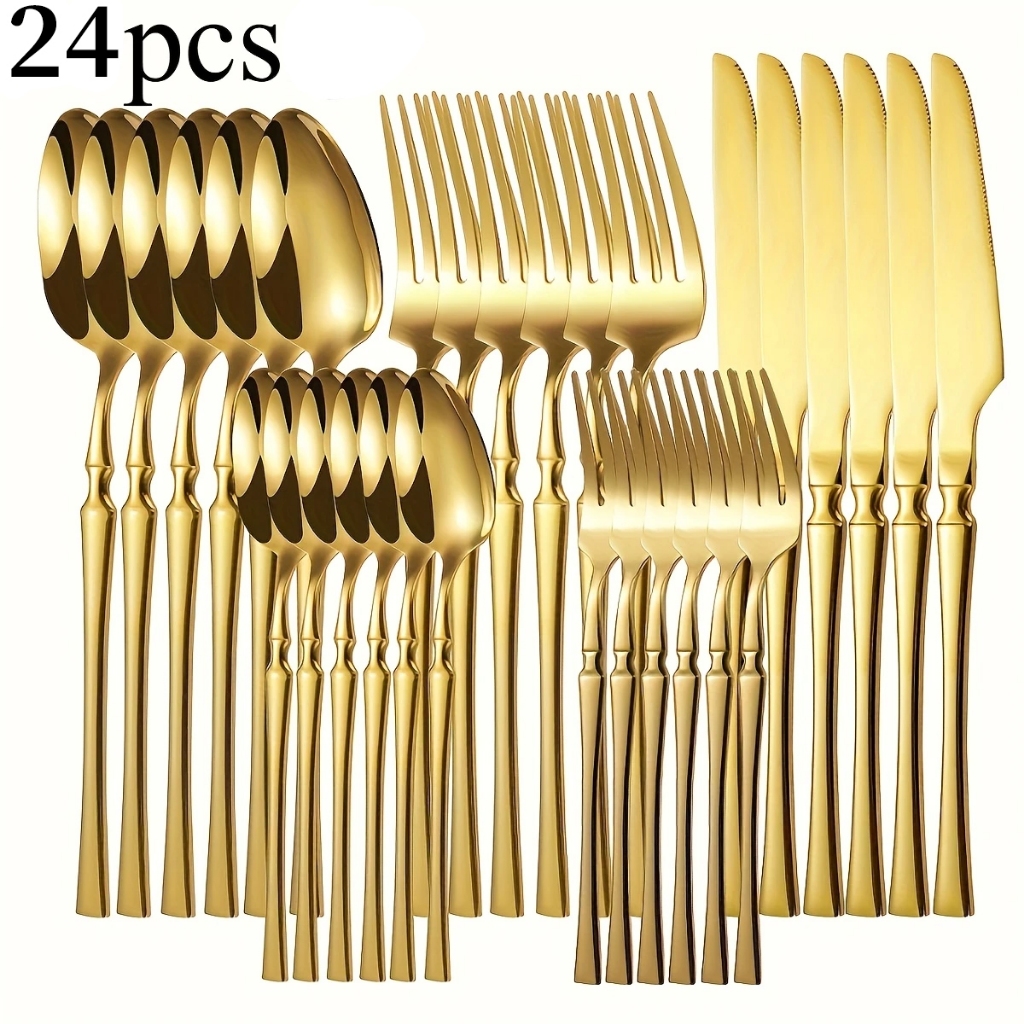 24 Peças Talheres Dourado de Aço Inox Garfo Colher Faca Colher De Mesa Para Uso Em Residências E Restaurantes