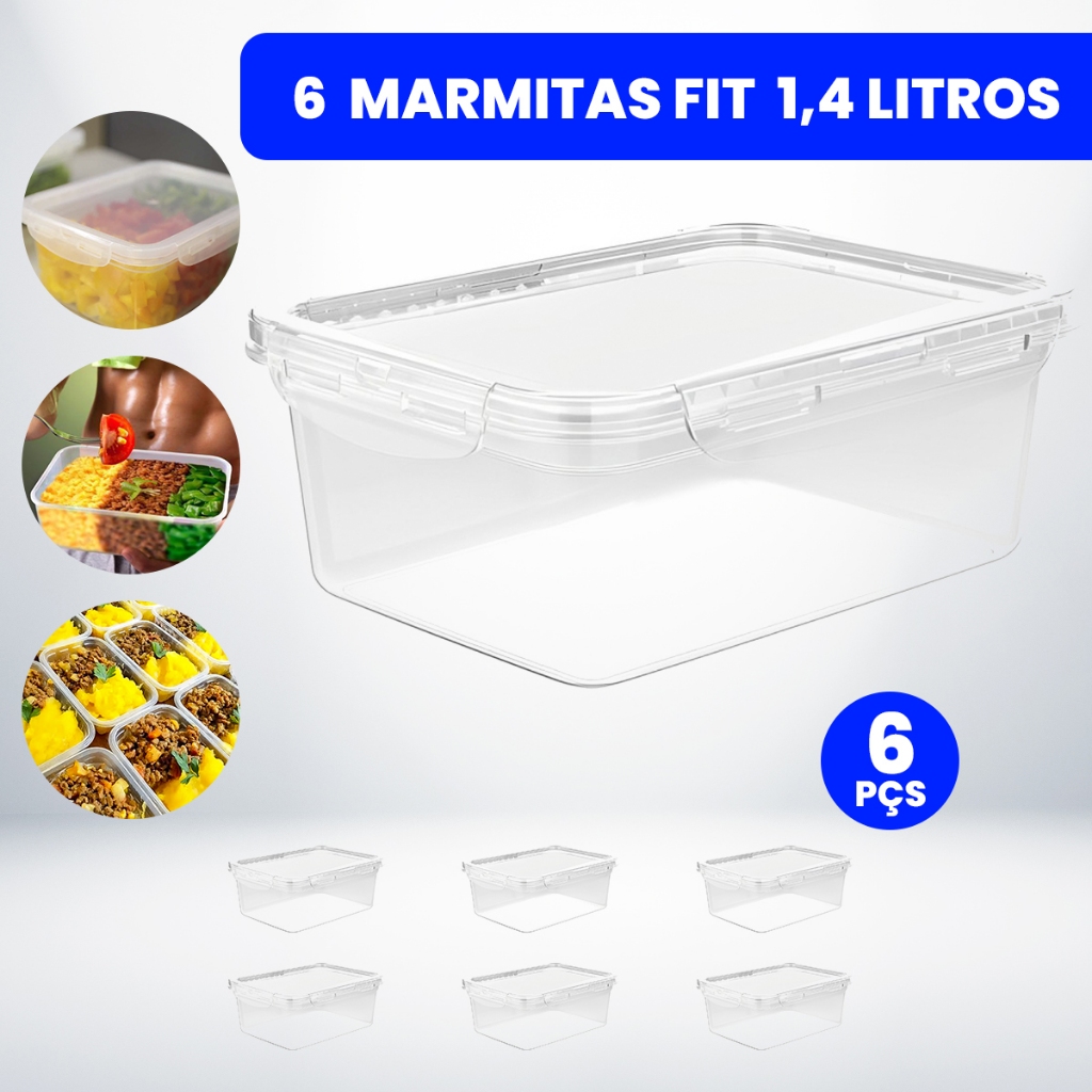 Kit com 6 Potes Marmita Fit 1,4 Litros Retangular Com Tampa 4 Travas Jogo de Potes Livres de BPA