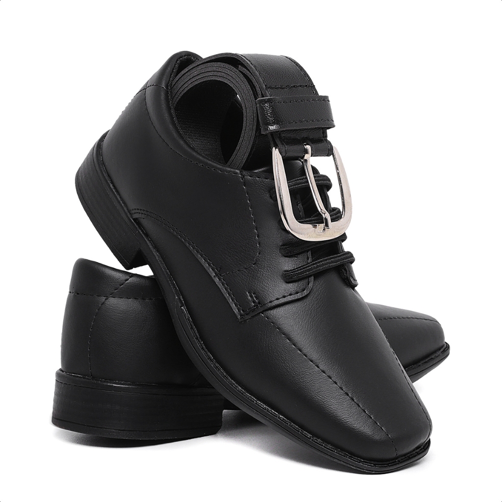 Kit Sapato Social Masculino Infantil Cinto 447 Uniforme Casamento Daminho Preto Menino