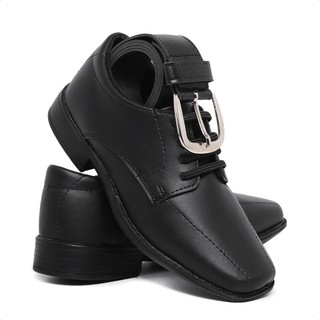 Kit Sapato Social Masculino Infantil Cinto 447 Uniforme Casamento Daminho Preto Menino