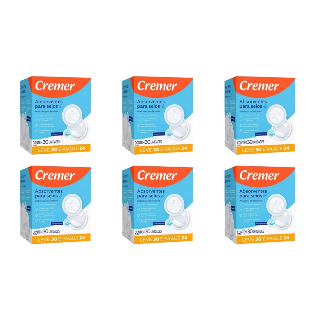 Kit Com 6 Absorvente Para Seios Cremer 180 uni