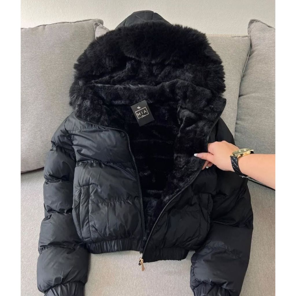 jaqueta puffer feminina apeluciada dupla - face c/capuz