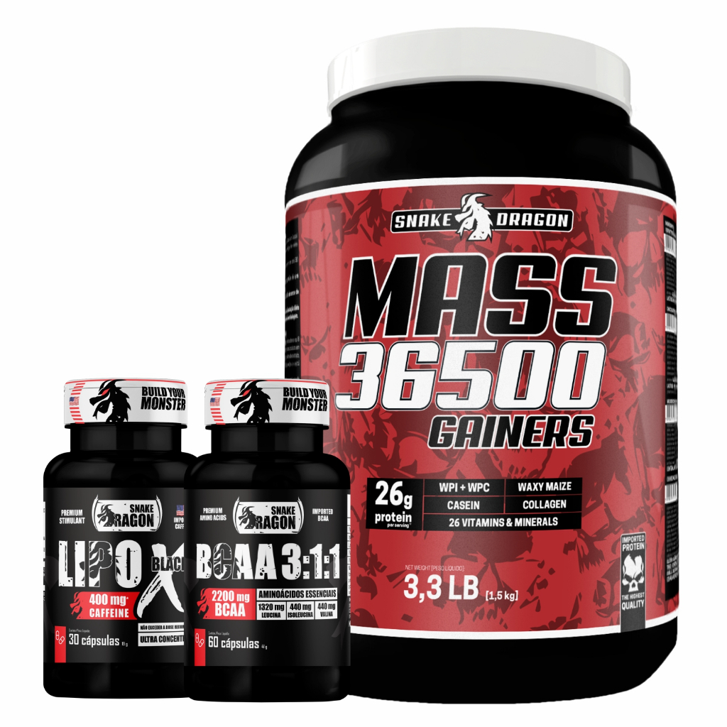 Kit Hipercalorico - Mass 36500 1.5 kg + BCAA 3:1:1, 60 Capsulas + THERMOGENICO CAFEINA em Oferta na Shopee