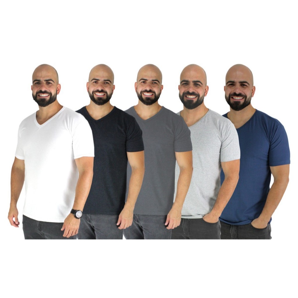 Kit 5 Camiseta Blusa Gola V Lisa Basica Malha Penteada 30.1 Academia Balada Trabalho Dia-Dia