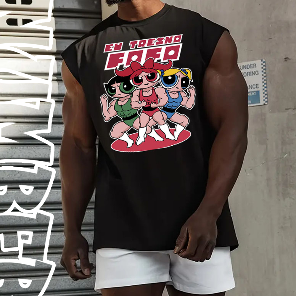 Camiseta regata treino oversized meme gym eu treino fofo meninas super poderosas desenho academia unissex em algodao