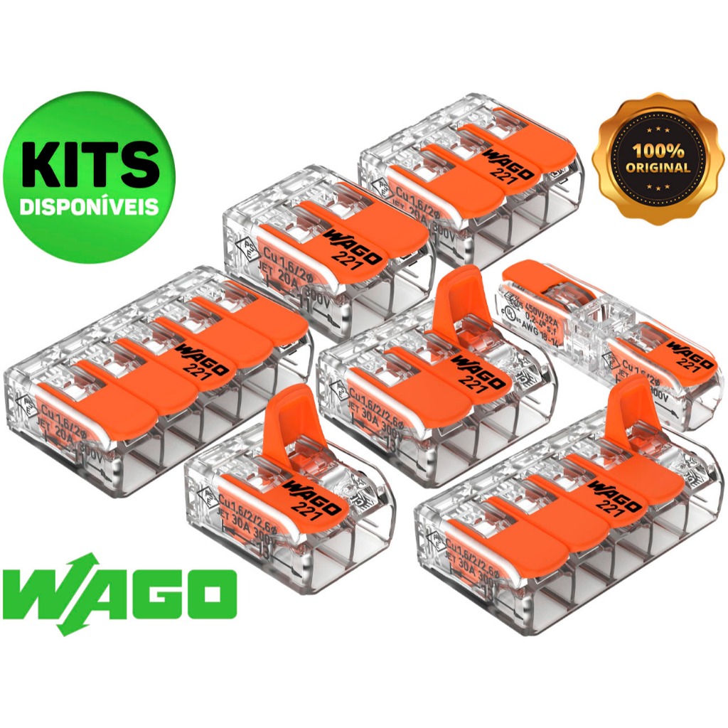 Kit 3, 5, 10 e 20 Conector Elétrico 221 Emenda Wago 1, 2, 3, e 5 vias 32/41A Original 4mm² e 6mm² Chuveiro Tomada - Home Appliances