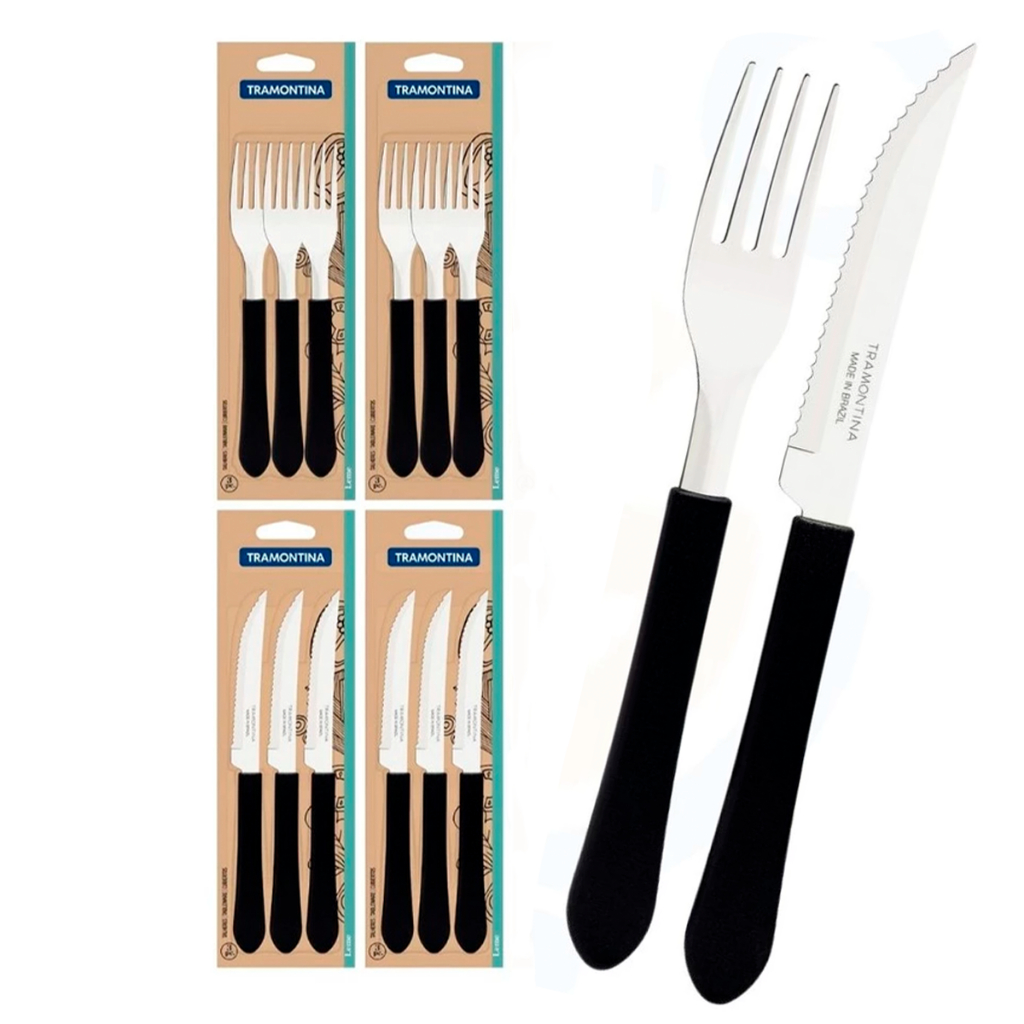 Kit Restaurante Inox 6 Garfos + 6 Facas 12 Talheres Tramontina Preto em Oferta na Shopee