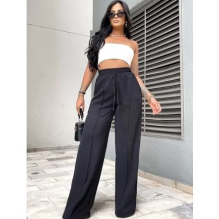 Calça Pantalona Cintura Alta Com Bolso Tecido Duna Premium