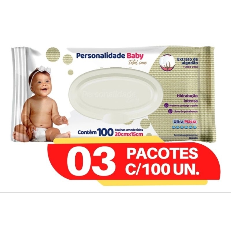 kit 3 Pacotes de lenço Umedecidos Personalidade baby Total Care cada pacote 100 lencinhos umedecidos 20x15