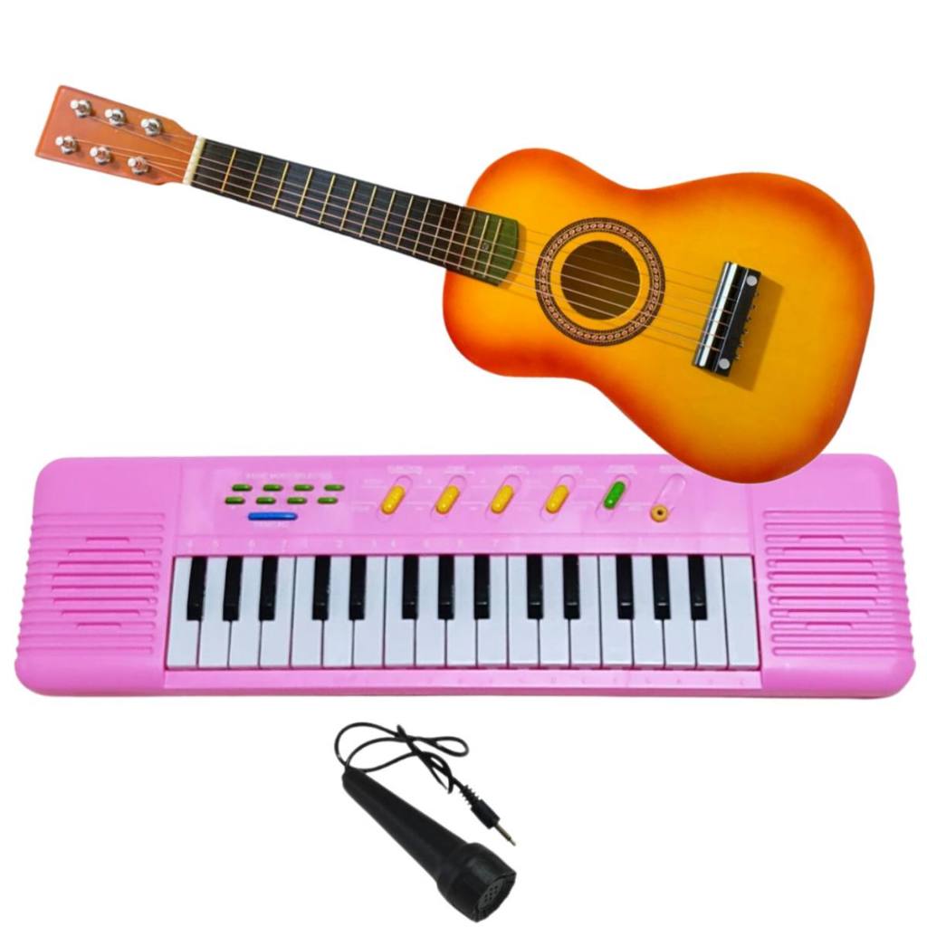 Kit Viola Madeira Teclado Rosa  Infantil Violão Instrumentos musicais Brinquedos Educacional
