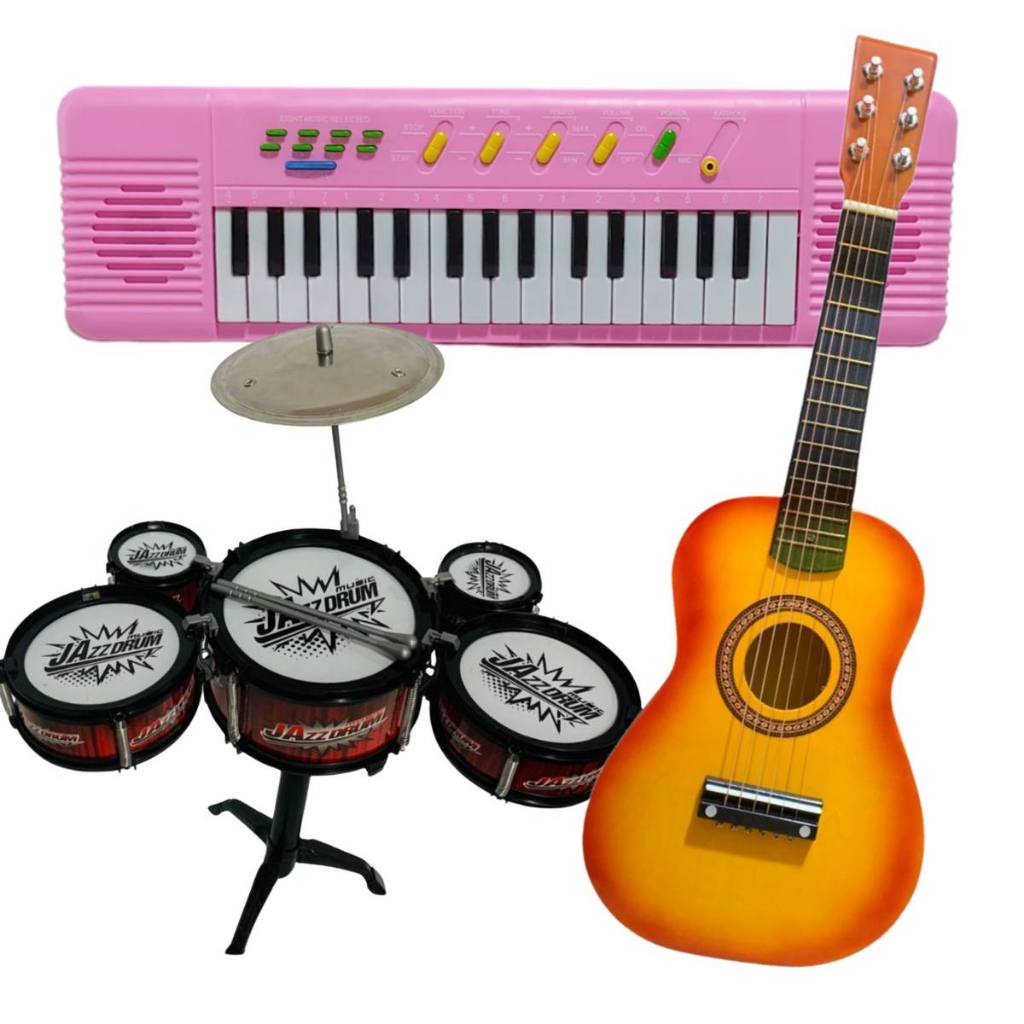 Kit Viola Madeira Teclado Rosa Bateria Infantil Violão Microfone Instrumentos musicais Brinquedos