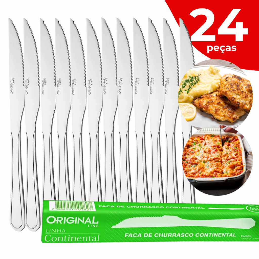 Jogo de Talheres Inox Faca de Churrasco 24 peças Continental Faqueiro Buffet Restaurante Cozinha