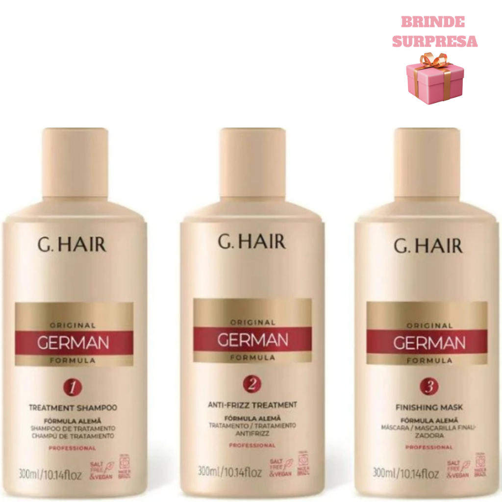 Ghair - Kit Escova Progressiva Fórmula Alemã Liso Extremo, Alisamento Capilar 3 PASSOS 300ml + Grátis !