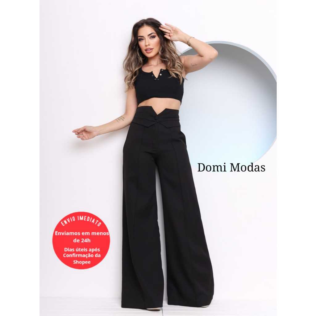 Domi Modas Calça Pantalona de Alfaiataria Calça Maravilhosa Detalhe na cintura tendencia moda 8425 em Oferta na Shopee