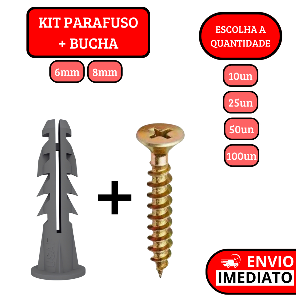 Kit Parafuso e Bucha Com Aba Anel Para Fixação Parede - 6mm | 8mm