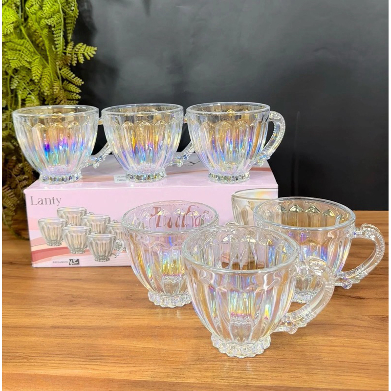 Xícaras de Chá Café 200ml Itália Rainbow Ambar Jogo 6 Peças Canecas Cristal Brilhante Luxu...
