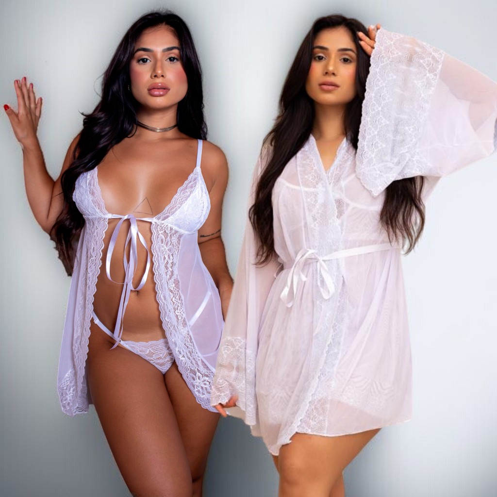 Kit Robe de Tule e Camisola Transparente com Abertura Lingerie com Calcinha Tule e Renda