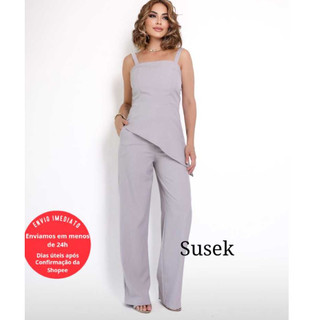 Conjunto Positano, Calça Pantalona e Blusa Assimétrica com Alça Fina Elastano nas Costas Tendência 863000