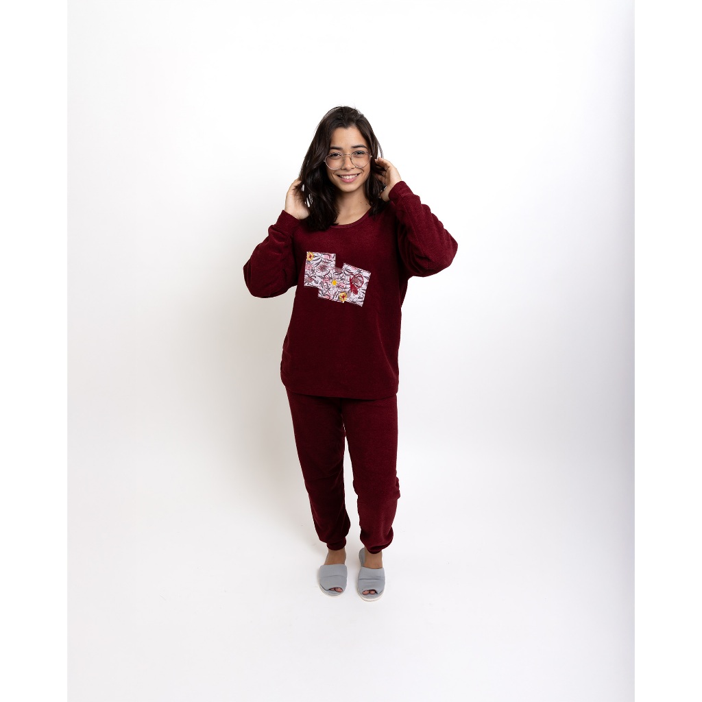 Pijama Adulto Longo Conjunto Feminino Plush Com Punho Quentinho de Frio Roupas de Dormir Roupas Femininas.