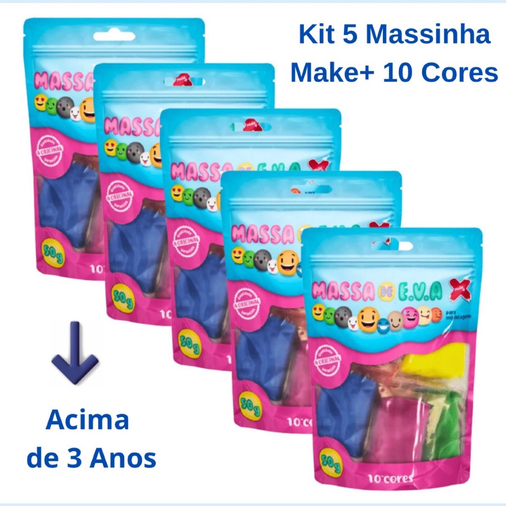 Kit Massinha de EVA 5 Pacotes de 50gr Cada Com 10 Cores Vibrantes Para Modelar Original Make+