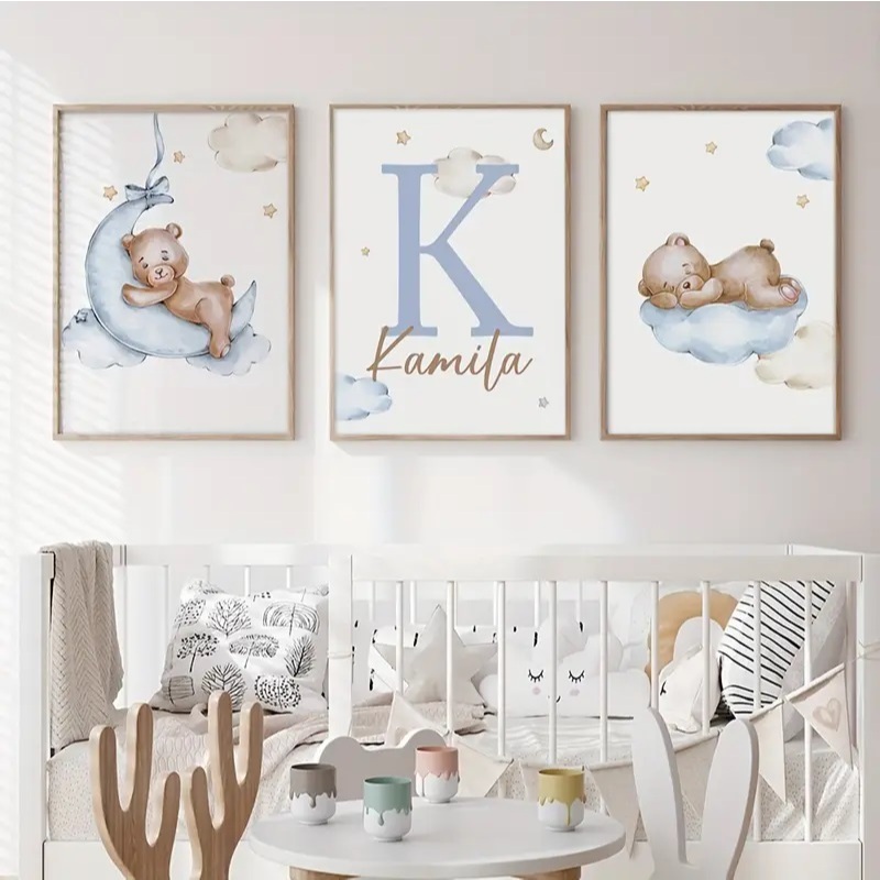 Quadro decorativo 3 peças 40x60 Urso Ursinho dormindo nuvens azul claro nome personalizado para quarto infantil menino em Oferta na Shopee