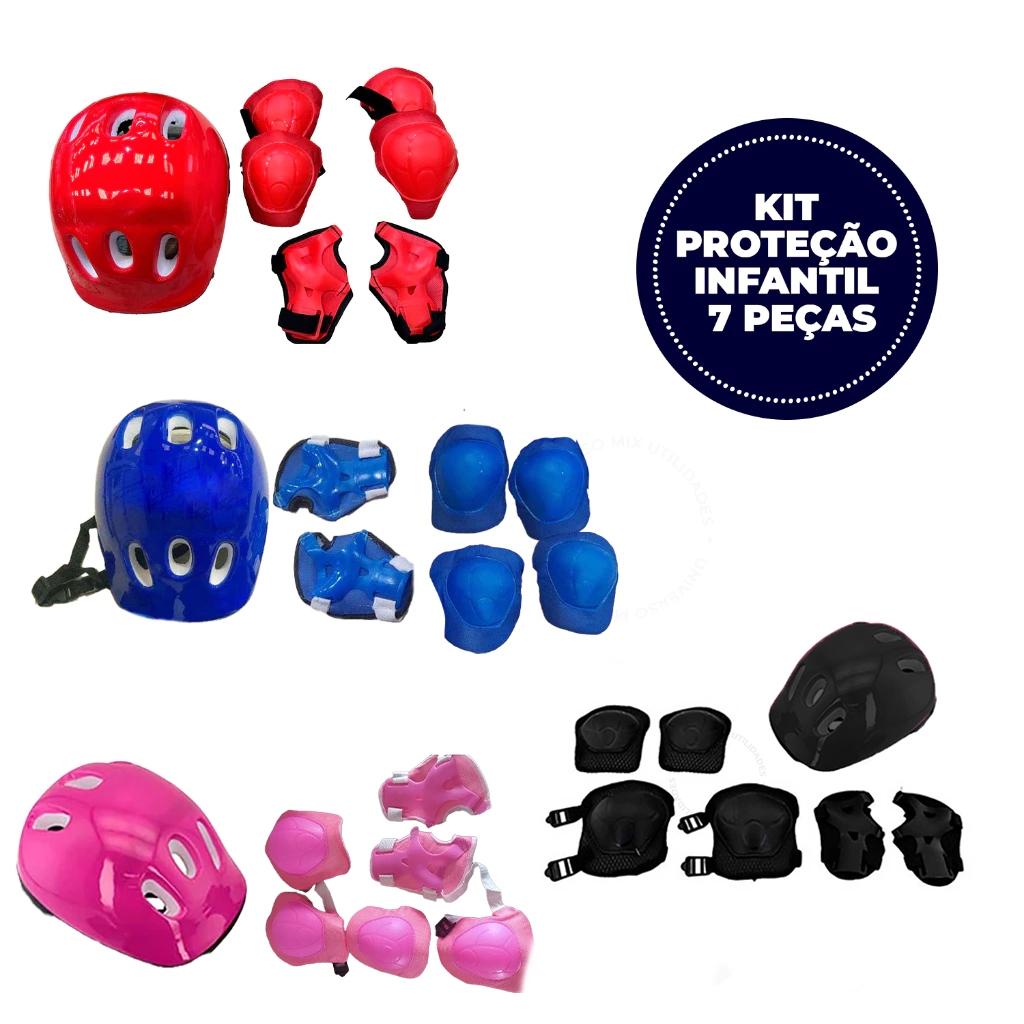 Kit Proteção Infantil 7 Peças - Capacete Joelheira Cotoveleira Luvas - Bicicleta Patinete Skate Patins