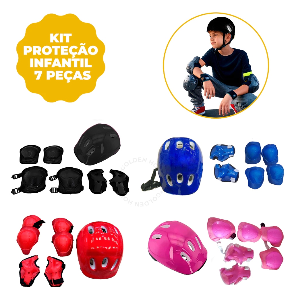 Kit Capacete Patins Proteção 7 Peças Criança Infantil Joelheira Cotoveleira Luvas Bicicleta Patinete Skate