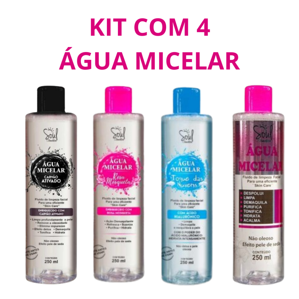 Kit 4 Águas Micelares Soul Cosméticos Limpeza Facial + Demaquilante