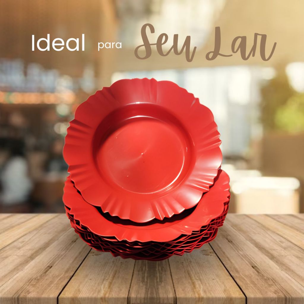 Kit 5 a 50 prato pétala fundo com borda Vermelho refeição churrasco festa plástico redondo