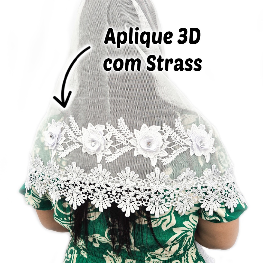 Véu Ccb Congregação Cristã Aplique Floral 3D Com Strass Adulto (mod. Jade)
