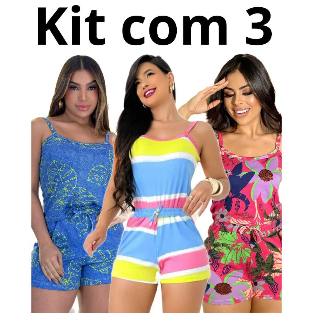 Kit 6 Peças - 3 Conjunto Regata Alcinha + Short Suede Estampado em Oferta na Shopee