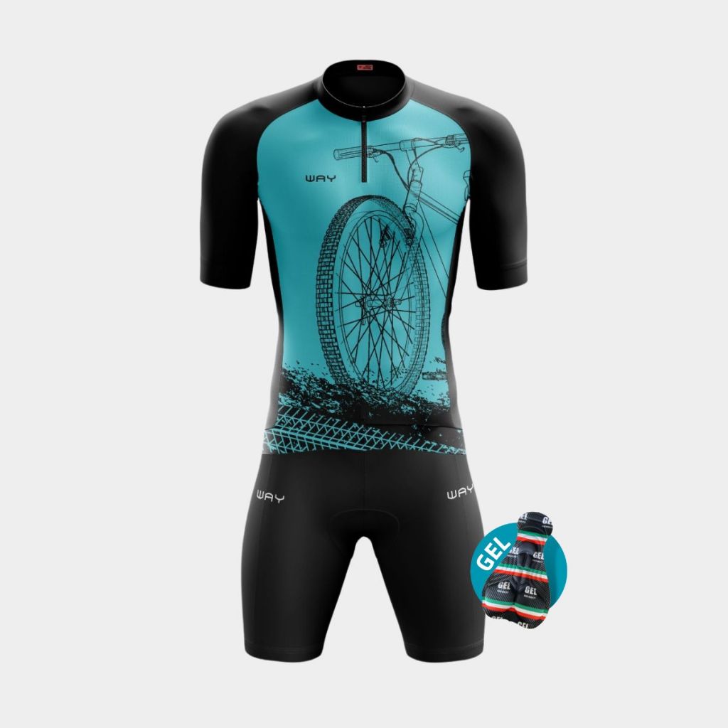 Conjunto de Ciclismo Masculino Camisa Bike Roda Azul Pro Bermuda Gel Pedal Cicli