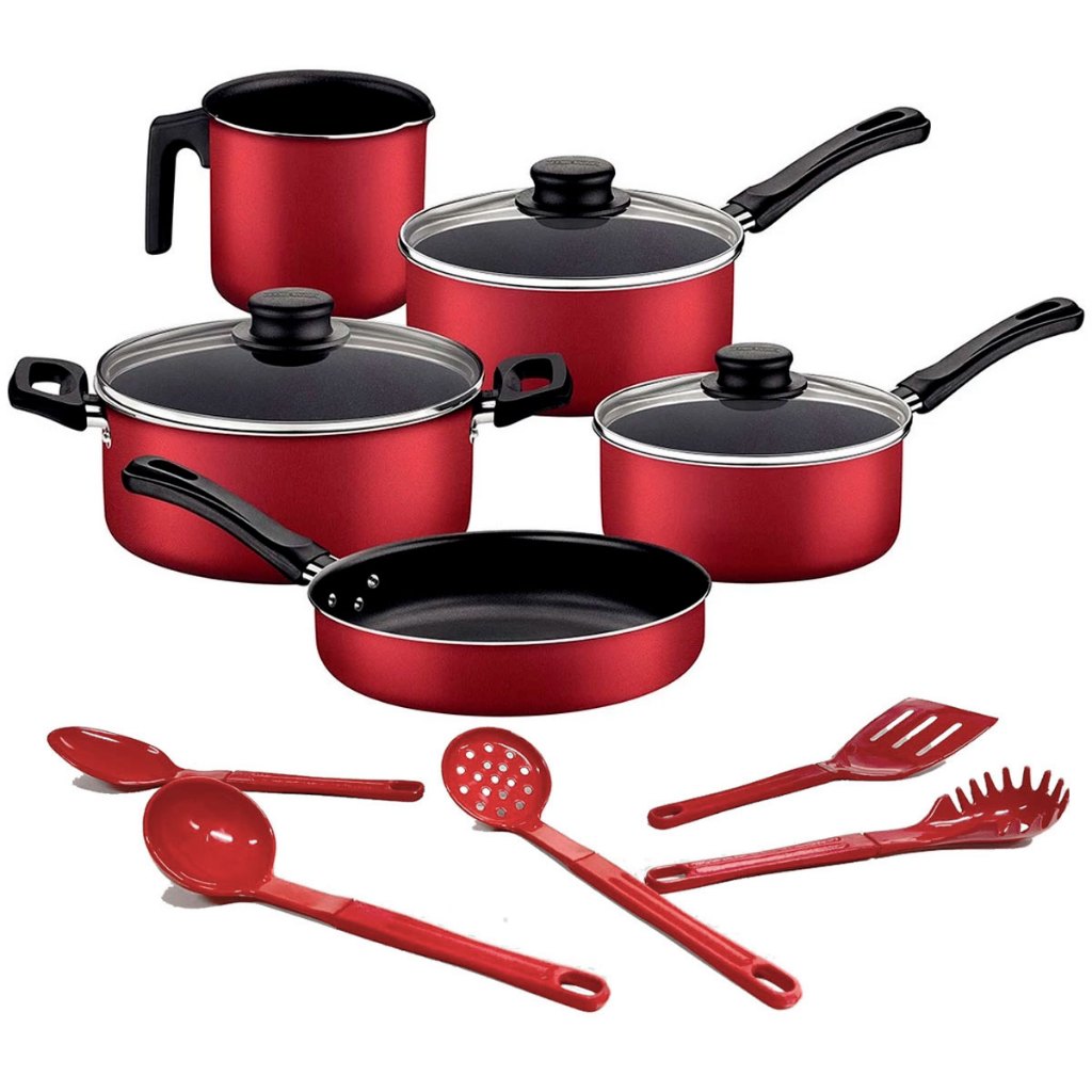 Jogo de Panelas Tramontina Caribe 5 peças Vermelho e Conjunto de Utensílios 5 Pçs em Oferta na Shopee