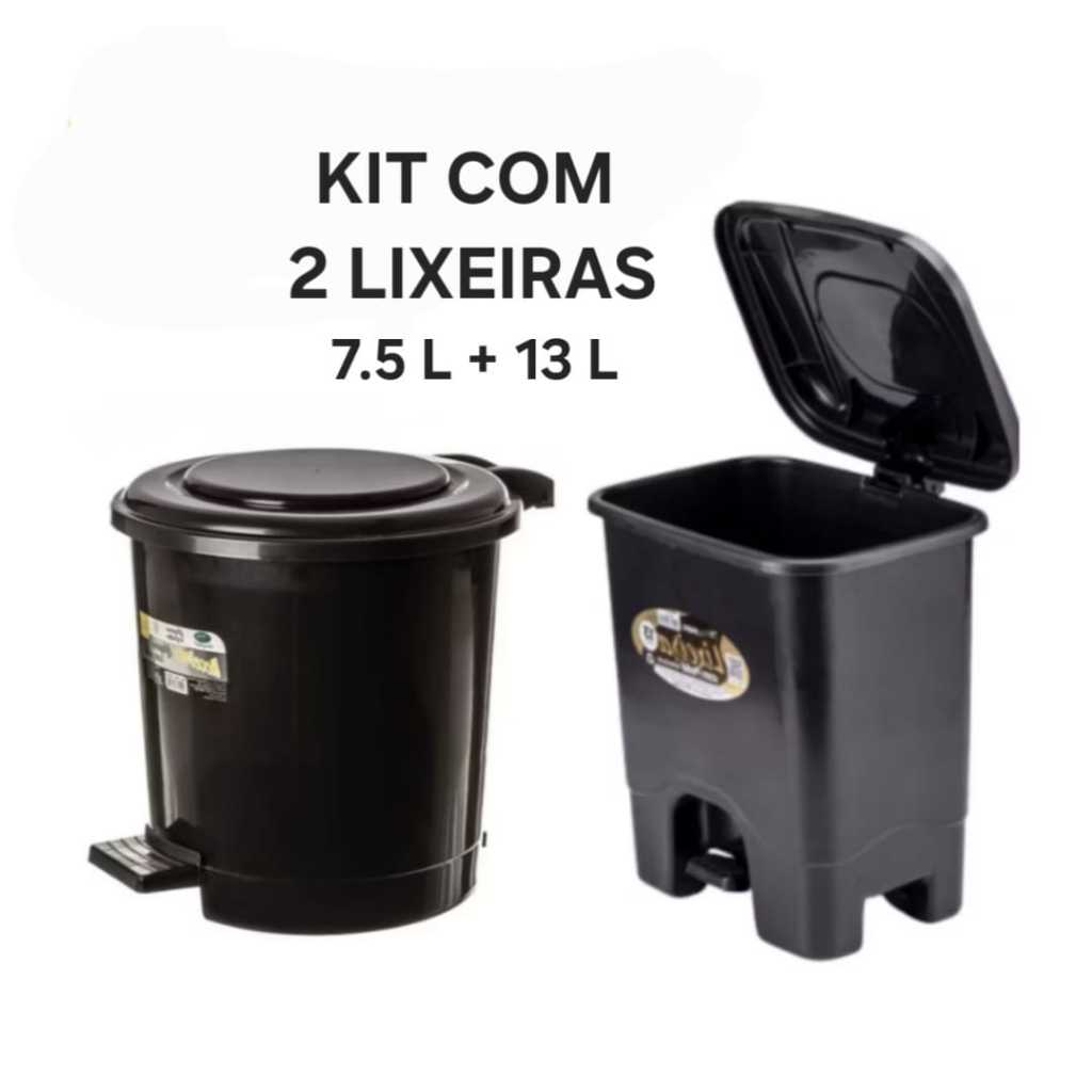 Kit Com 02 Lixeira  7,5 Litros E 13 Litros  Com Pedal Cozinha Banheiro Escritorio Pratica E Higienica  Alta Qualidade