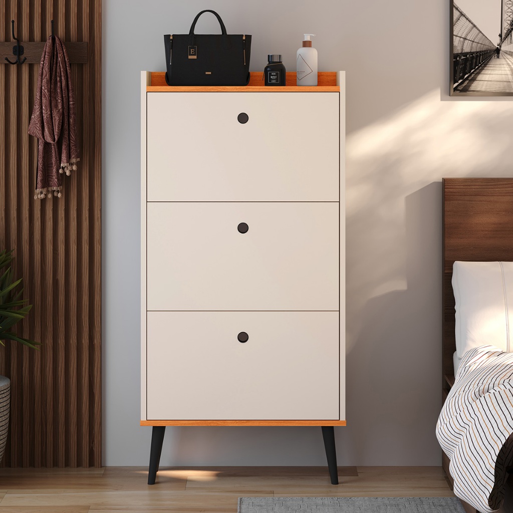 Sapateira 3 Portas 18 Pares Armário Multiuso Com Pés Palito Estilo Retrô Hall Entrada Quar...