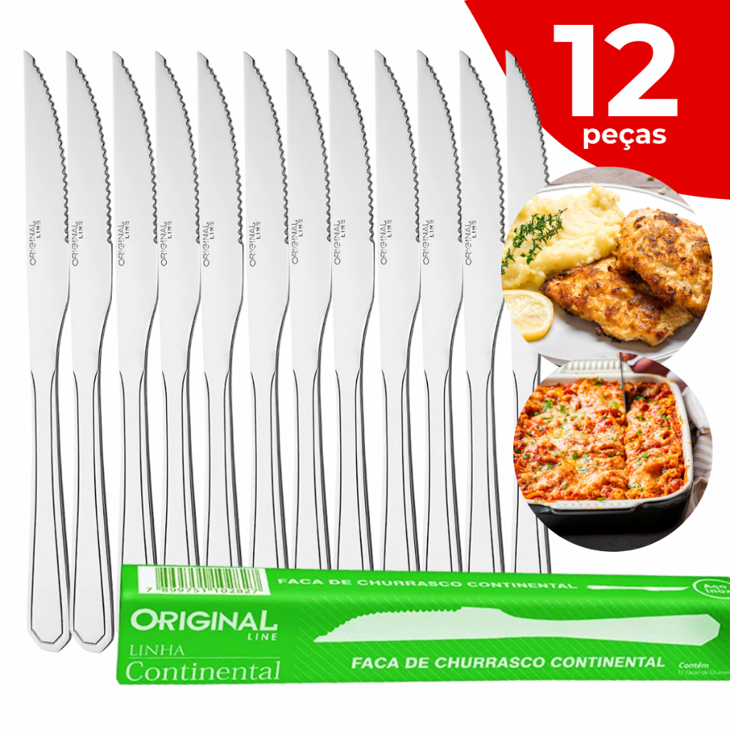Jogo Talheres Inox Faca de Churrasco 12 peças Continental Original Line Buffet Louça Cozinha
