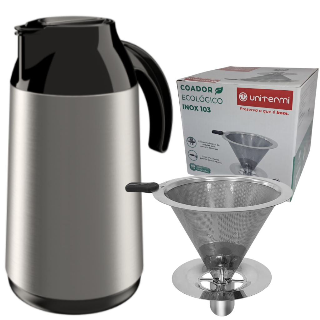 Kit Garrafa térmica 1L Inox Berlim+ Coador de Inox Tamanho 103 Filtro de café Permanente Unitermi